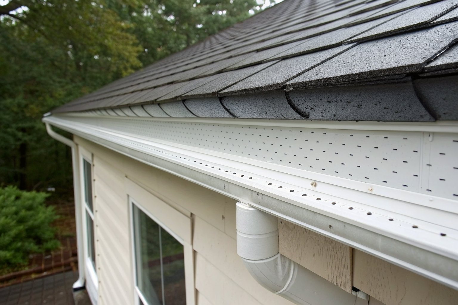 Close view of a white metal drip edge and gutter along the edge of a new dark shingle roof