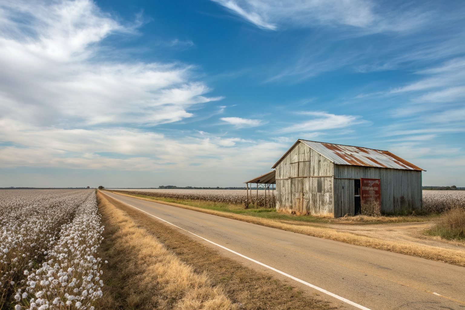A weathered metal barn beside a cotton field along a flat farm road under a wide sky