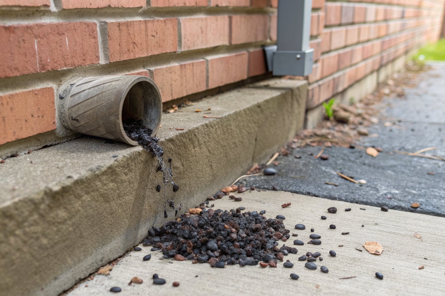 Dark shingle granules spilled from a downspout onto a concrete splash block beside a brick wall