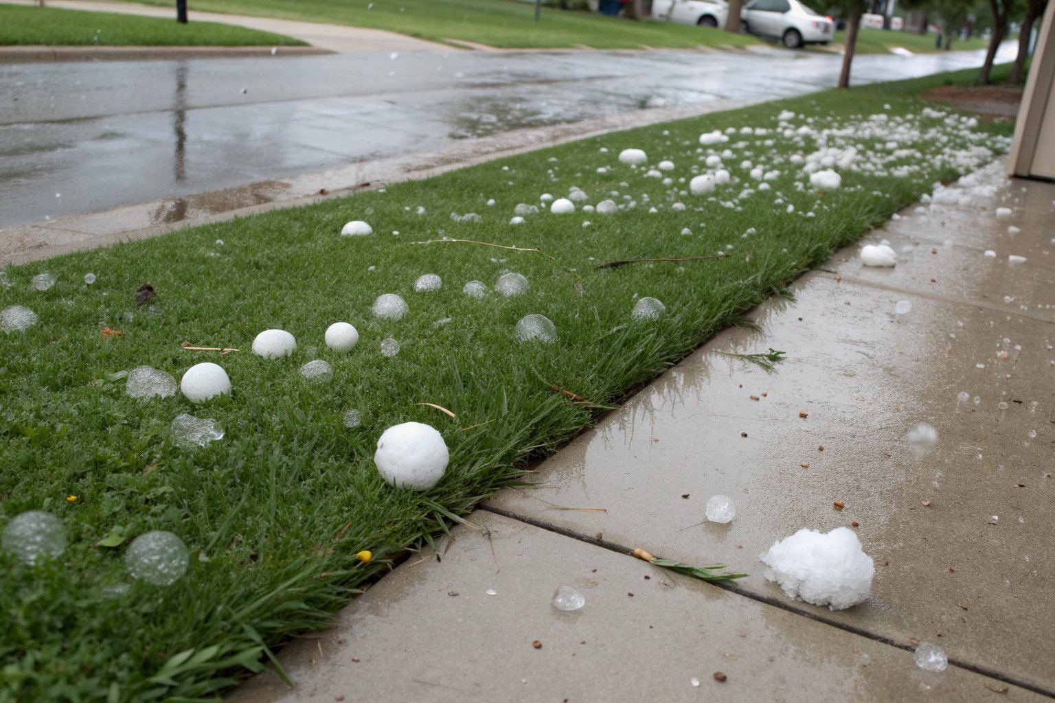 Hailstones scattered across a green front lawn beside a wet sidewalk after a storm