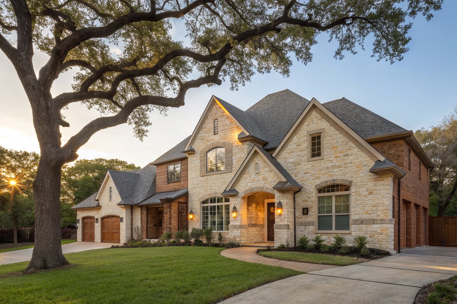 A two-story house with a cream stone and red brick front, a gray shingle roof and a big live oak in the yard