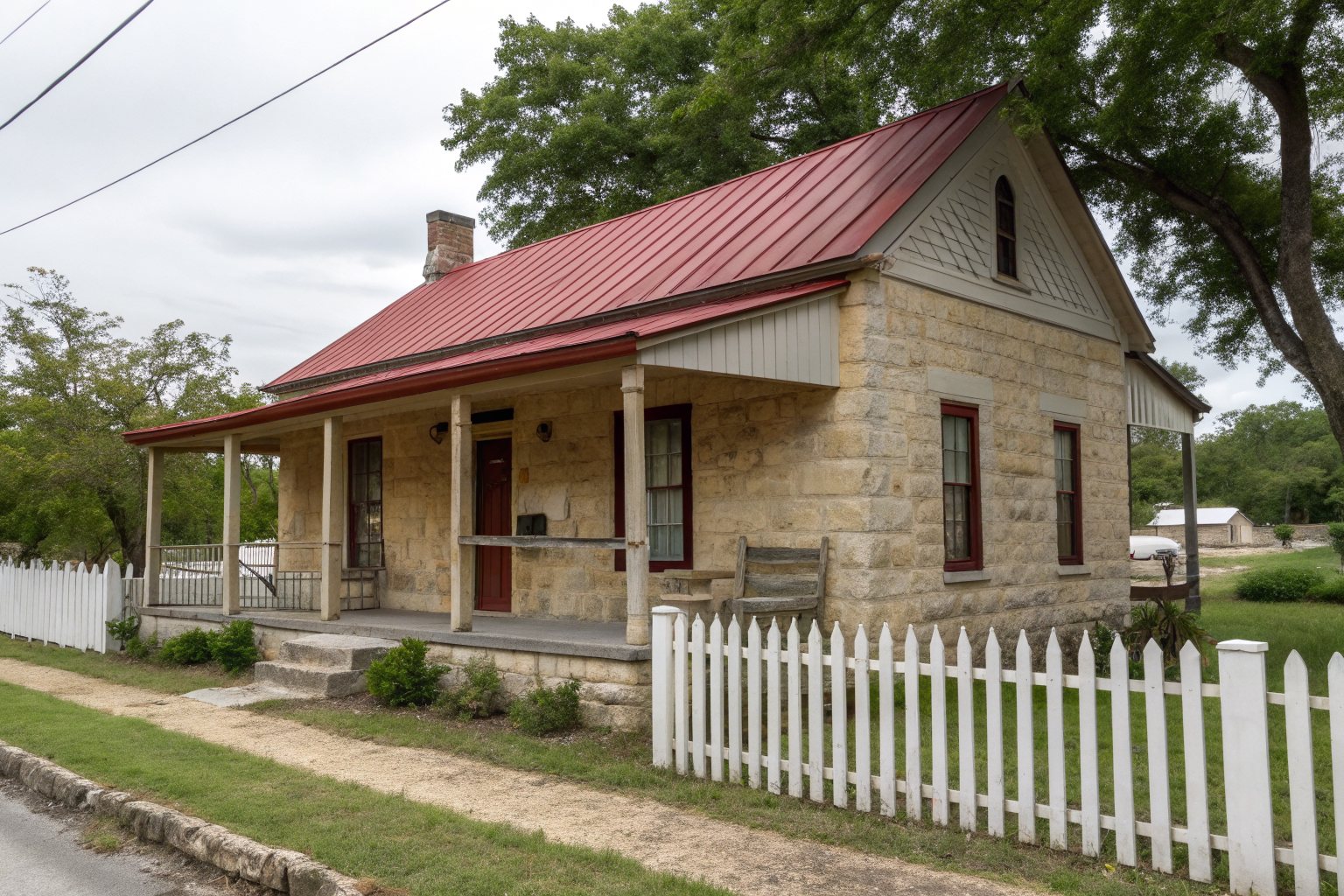 A small old limestone house with a red metal roof, a wooden porch and a white picket fence