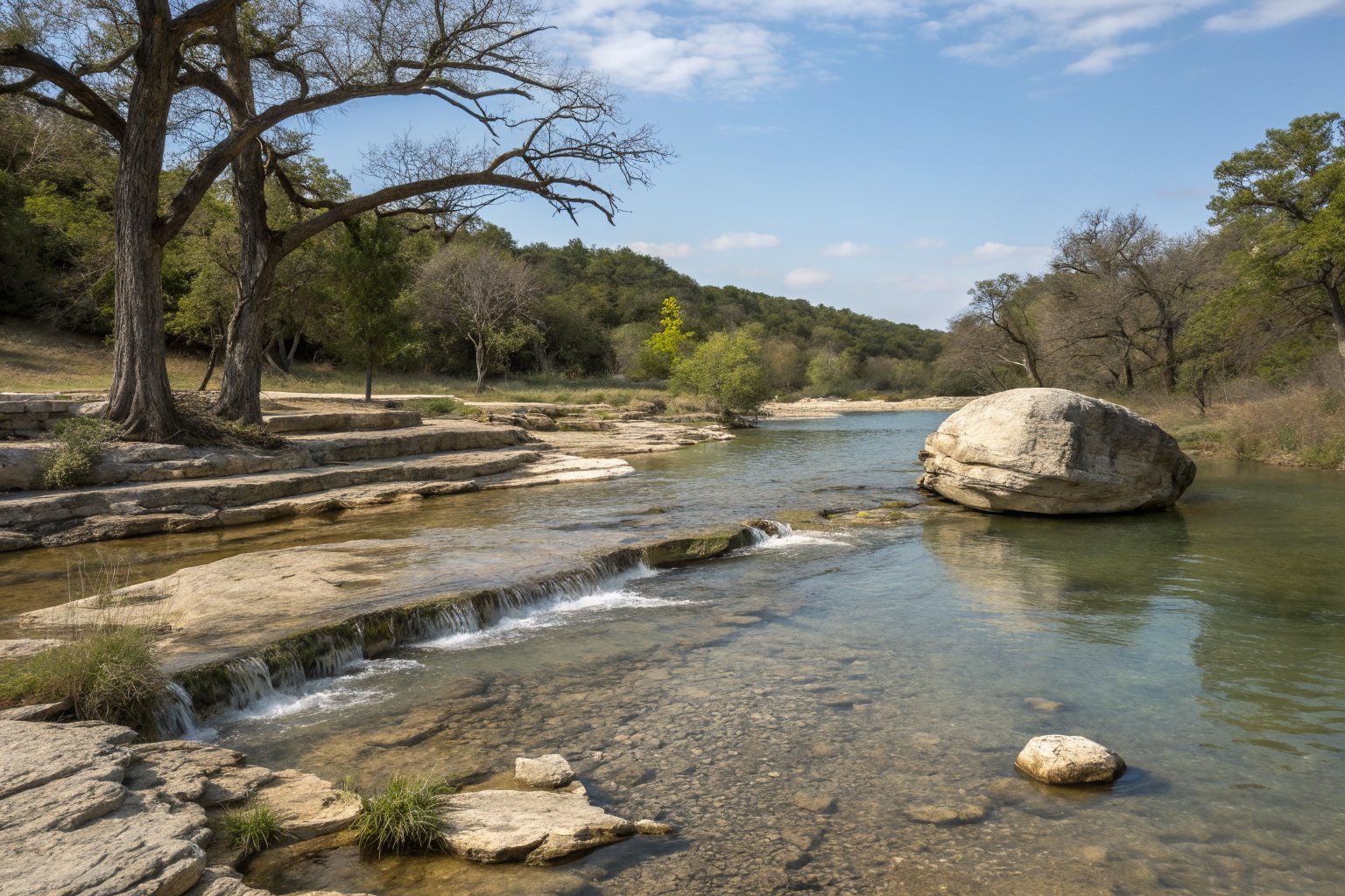 A clear shallow creek running over limestone ledges past a large rounded boulder, oaks on the banks