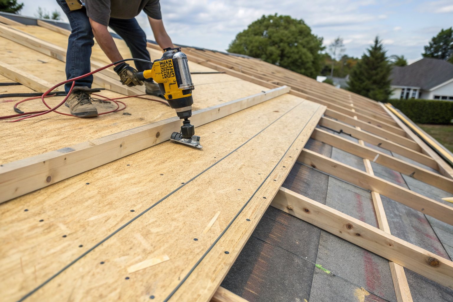 A roofer fastening new plywood decking over rafters during a re-roof
