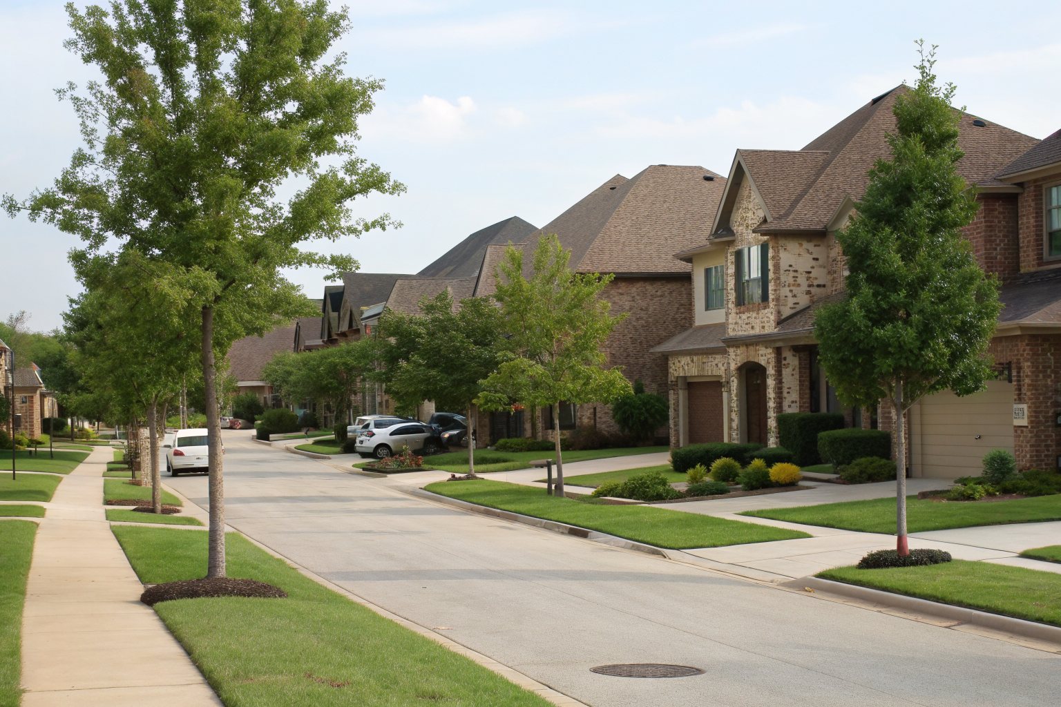 A street of newer two-story brick homes with brown shingle roofs, young trees and sidewalks