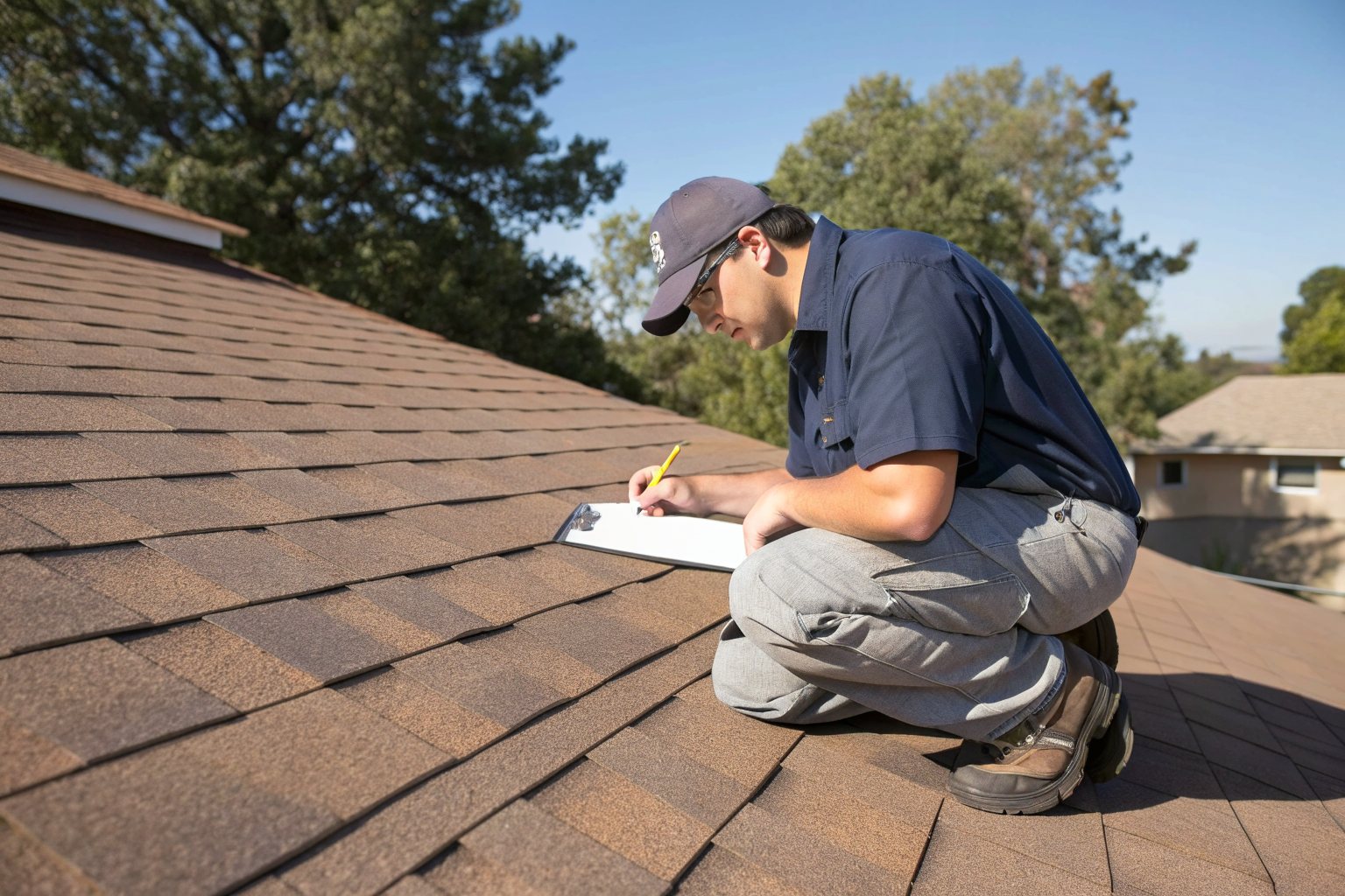 A roof inspector in a cap kneeling on a brown shingle roof and writing on a clipboard