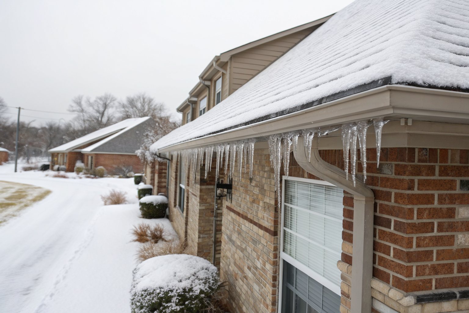 Snow on the roof of a brick house with icicles hanging from the gutter
