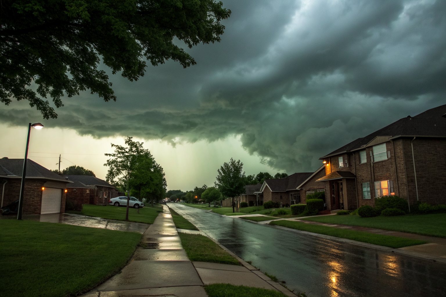 Dark green-gray storm clouds over a wet suburban street of brick homes at dusk