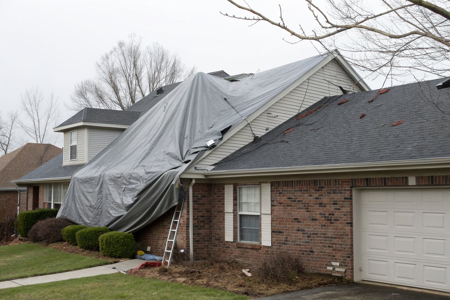 A gray tarp tied over part of the roof of a brick home after a storm, a ladder against the wall