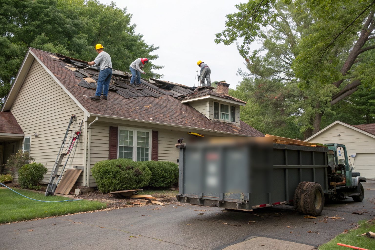 Roofers in hard hats stripping old shingles off a house, a dumpster in the driveway