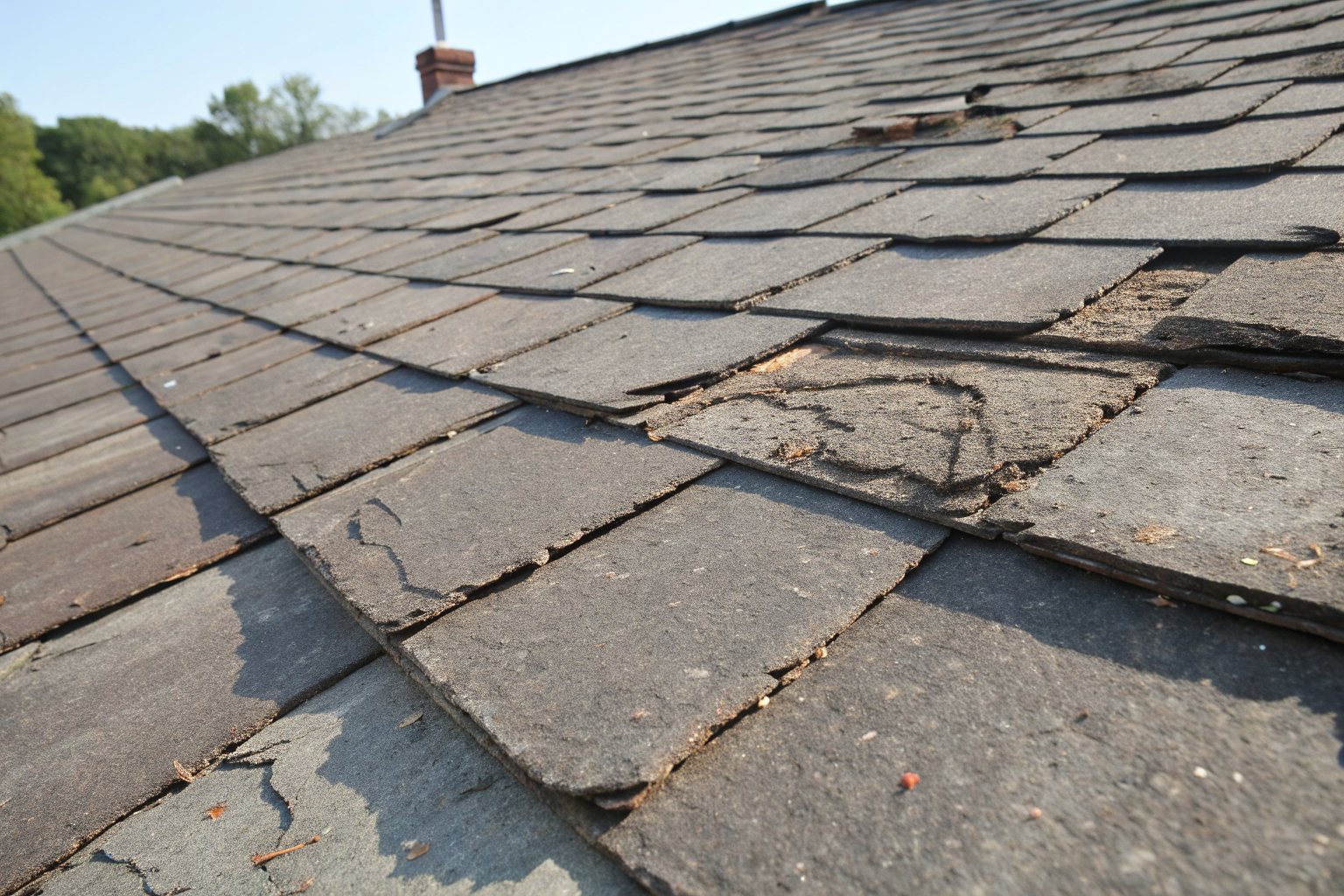 Close view of old gray three-tab shingles with curled corners, cracks and worn bare patches
